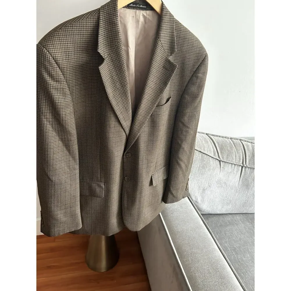 Vintage Chaps Ralph Lauren Mens Wool Blazer Jacket Houndstooth Brown 44S Preppy